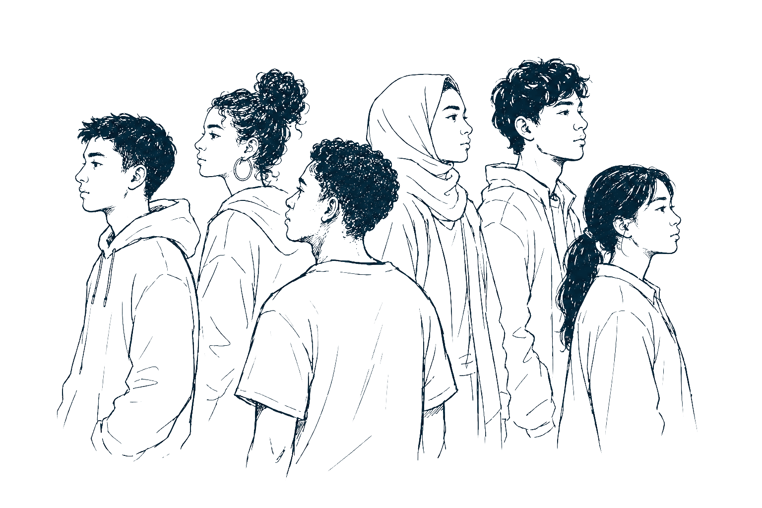 Illustration en style plan technique de quatre jeunes, de profil et de dos, portant des sacs à dos.