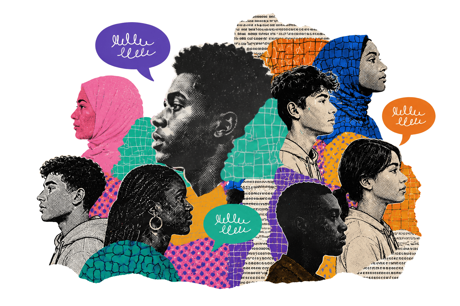 Collage illustrant plusieurs jeunes qui s'expriment, entourés de bulles de parole et de fragments de presse.
